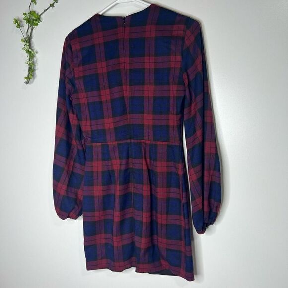 Lovers + Friends Liliana Burgundy Blue Plaid Long-sleeve Mini Dress - Picture 6 of 11